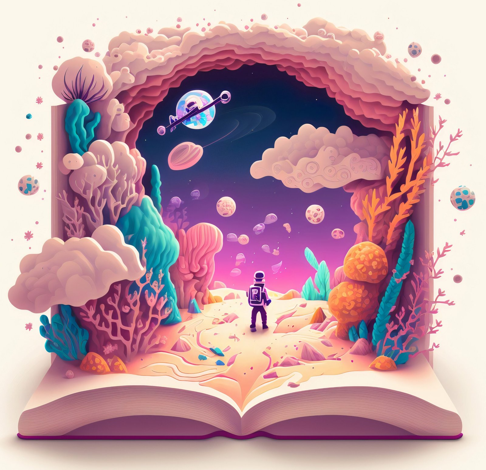 magic fairy tale book illustration with astronaut exploring planet scaled